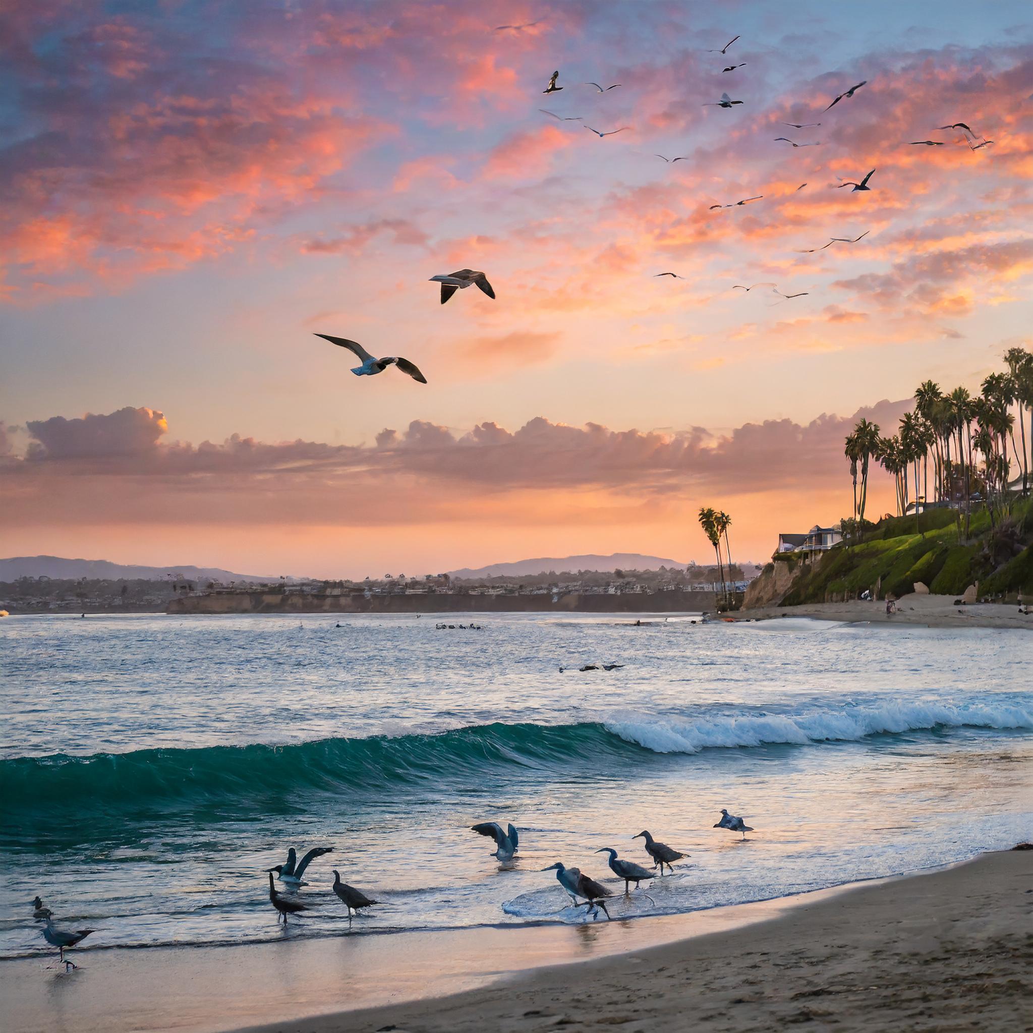 Firefly laguna beach with a pretty pink and orange sunset with seaguls in the sky and and with dolph